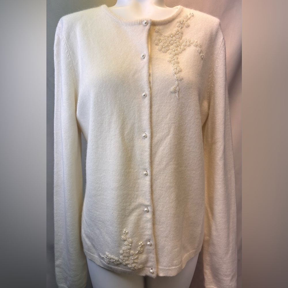 Jones New York Beaded Women’s Large Lamb Wool Angora Blend Cardigan Sweater
